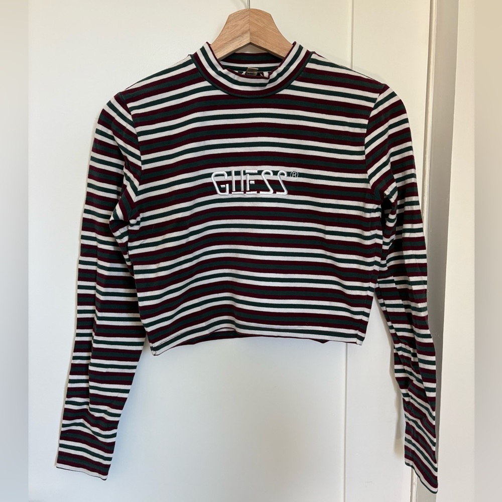 Guess Striped Long-Sleeve Crop Top in Burgundy, Green & White